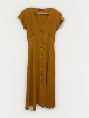 Button-Front Mustard Midi Dress with V-Neck